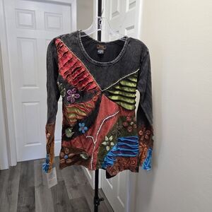 Nwt Rising International 100% Cotton Y2k Multicolor Patchwork Long Sleeve Top